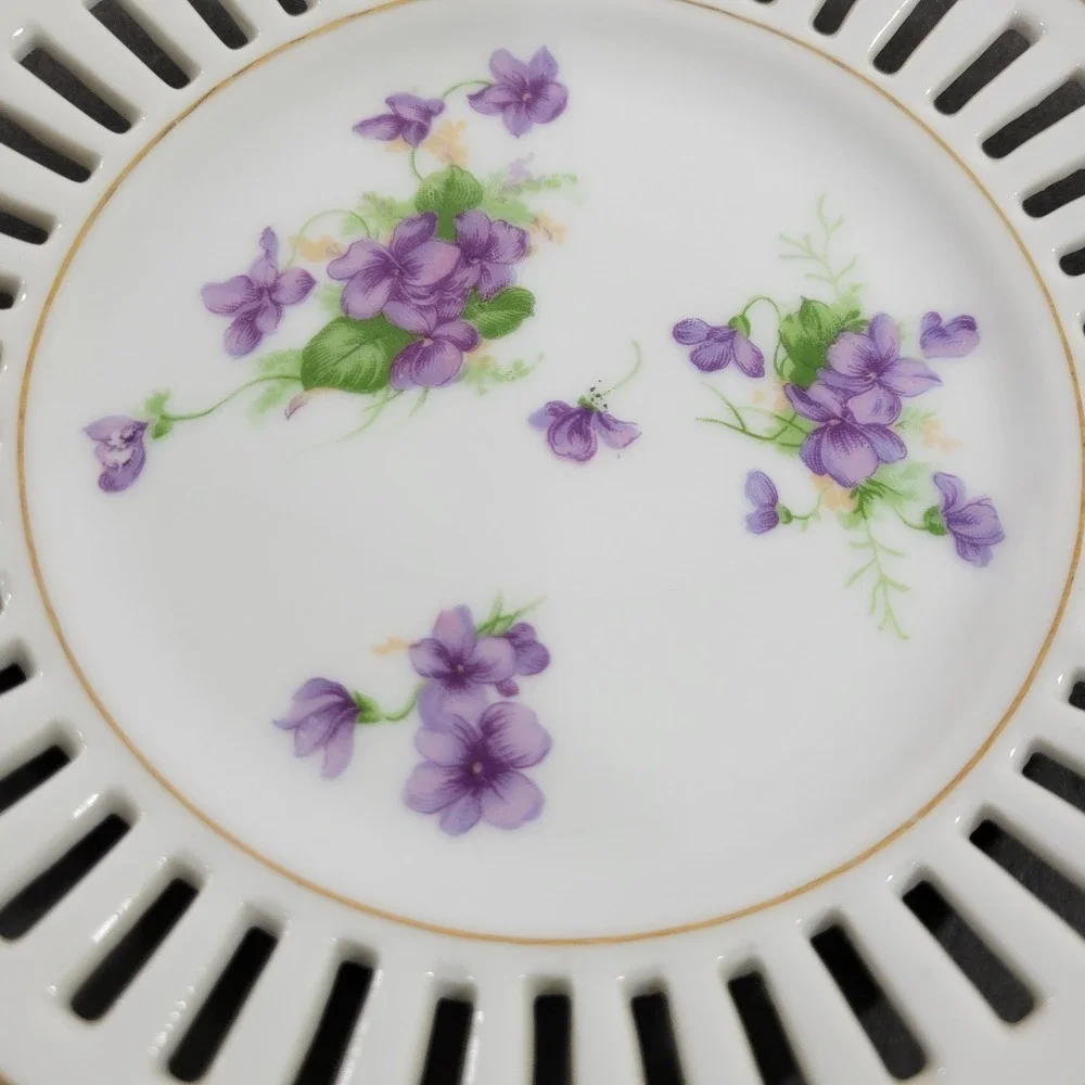 Small Floral Reticulated Saucer Dish White Purple Violets Gold Trim 6.25